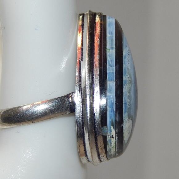 SZ 8 BoHo Owhyee Blue Opal 925 Silver Plated Ring - Picture 5 of 13